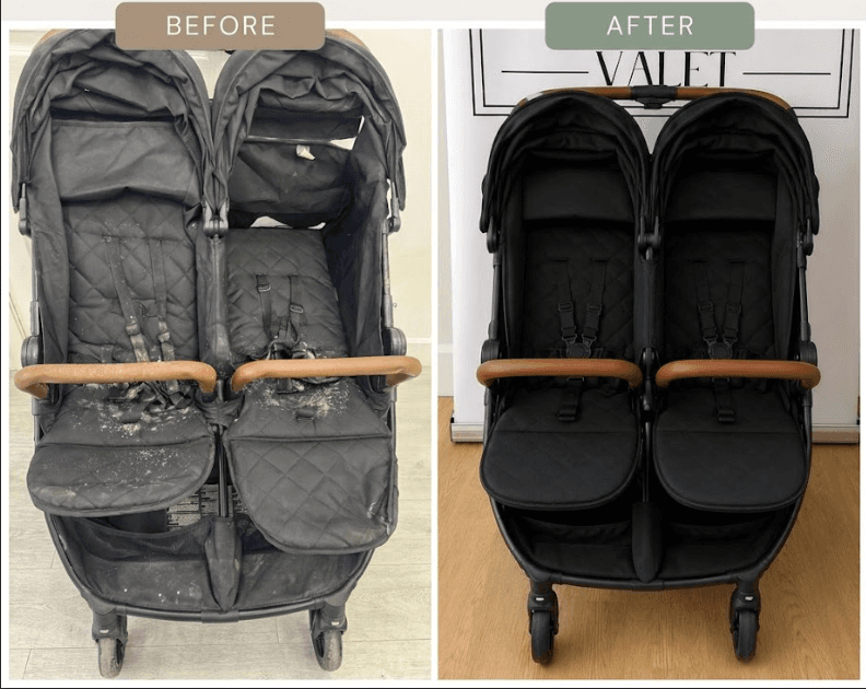 Before and after result of a full pram valet, showing the chassis, seat fabric, and frame restored from heavy soiling to a clean, refreshed finish