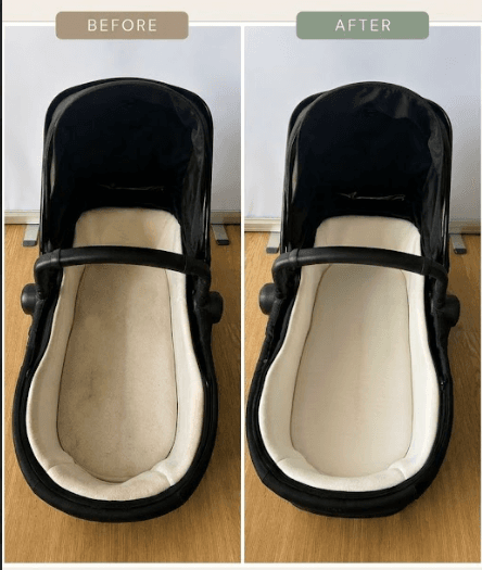 Before and after cleaning of a baby car seat, with fabric and frame sanitised and restored