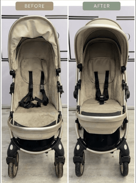 Before and after pram seat fabric deep clean showing stain removal and thorough sanitisation