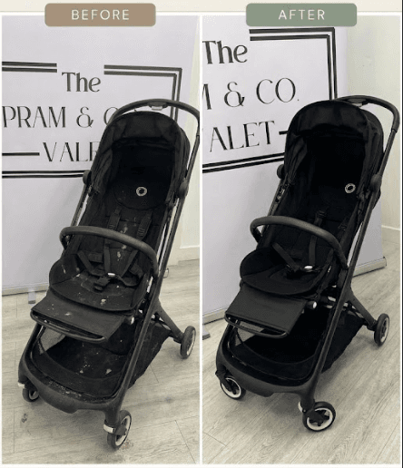 Before and after buggy valet with refreshed seat upholstery and cleaned frame detailing