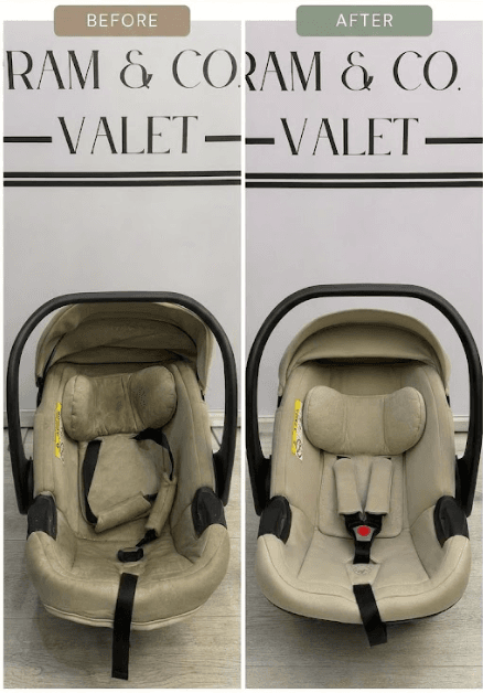 Before and after cleaning of a pram seat and hood, showing full restoration and a fresh hygienic finish