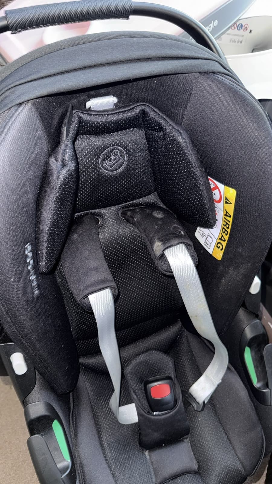 Baby car seat deep clean and stain treatment — Maxi-Cosi seat before cleaning